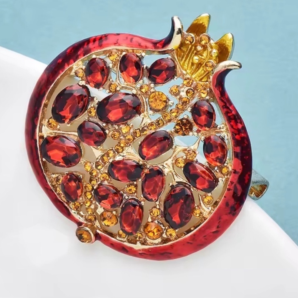 Ruby Red Pomegranate Crystal Gold Brooch - Picture 2 of 12